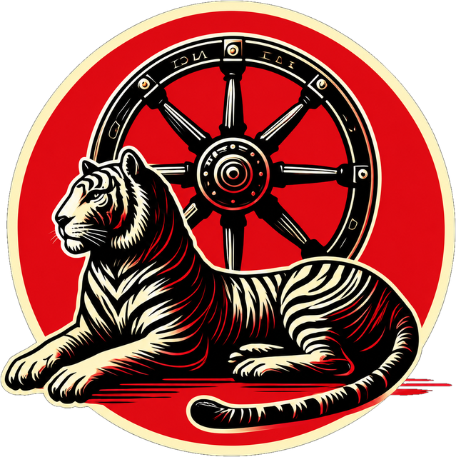 Logo von Tschuschentransporte: Tiger vor einem Wagenrad